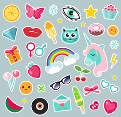 Fashion set of patches 80s comic style. Pins, badges and stickers Collection cartoon pop art with a unicorn, rainbow, lips, emoji. Vector illustration - obrazy, fototapety, plakaty