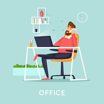 Manager talking on the phone in the office, business. Flat vector illustration in cartoon style.