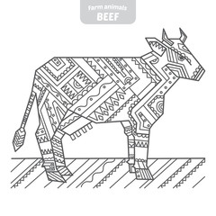 Cow in a ethnic graphic style, hand-drawn vector illustration.