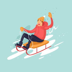 Young boy rides on a sled in the snow, winter. Flat vector illustration in cartoon style.