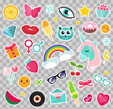 Fashion set of patches 80s comic style. Pins, badges and stickers Collection cartoon pop art with a unicorn, rainbow, lips, emoji. Vector illustration