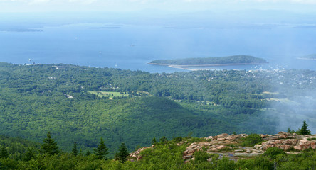 Acadia National Park near town of Bar Harbor, viewed from Cadillac Mountain. State of Maine, USA. Fog and clouds