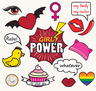 Girl Power Patches Design Vector Emblem. Cute Badges With Lips, Hearts And Feminist Symbols. 