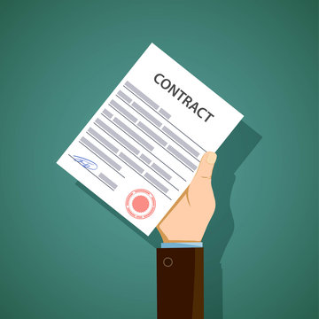 Man holding in hand a document contract. Stock vector illustrati