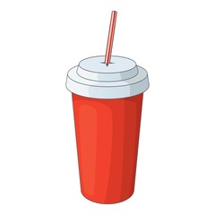 Paper cup with straw icon, cartoon style