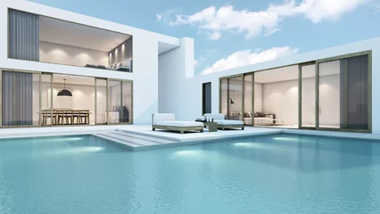 Fotobehang House with pool design minimal - 3D render © methajam