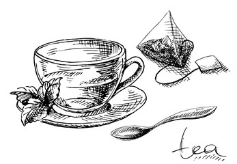 Cup of tea and mint and tea bag in graphic style, hand-drawn vector illustration.