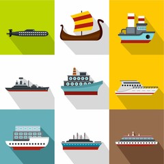 Boat icons set, flat style