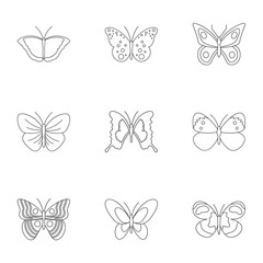 Flying butterfly icons set, outline style