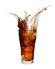 Cola splashing out of a glass., Isolated white background.