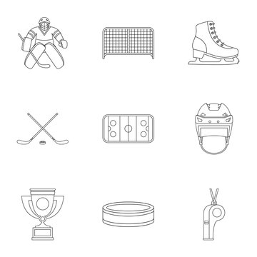 Russian hockey icons set, outline style