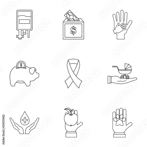 "Philanthropy icons set, outline style" Stock image and royalty-free