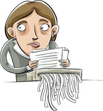 A guilty, cartoon businesswoman shredding suspicious documents using a paper shredder.