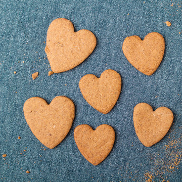 Heart shaped cookies on blue background