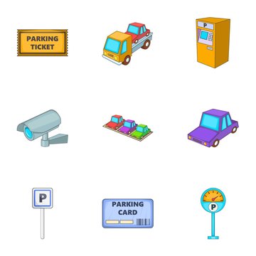 Public parking icons set, cartoon style