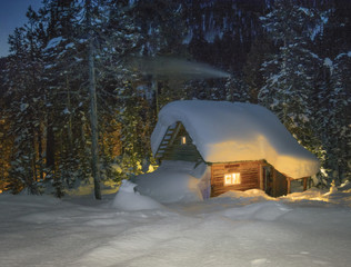 Taiga hut winter night.