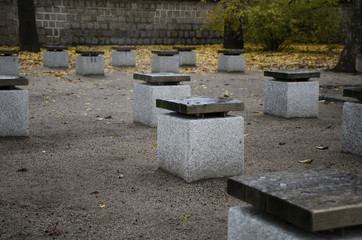 Stone seats for meditation in Gyeongbokgung Palace, Seoul, South Korea, Autumn 2015