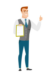Businessman with clipboard giving thumb up.