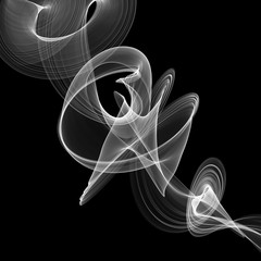 Wavy line of gray smoke on black background with copyspace in up right and down left corners