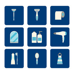 Flat Bathroom icons set on blue background. Vector illustration.