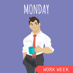 Sleepy and tired businessman with coffee flat vector illustration. Monday awful mood. Office worker weekly. Monday morning syndrome.