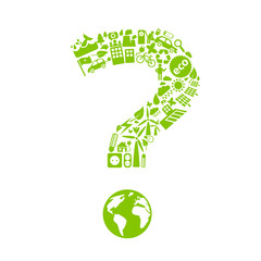 Question mark made of little ecology icons isolated on white background.