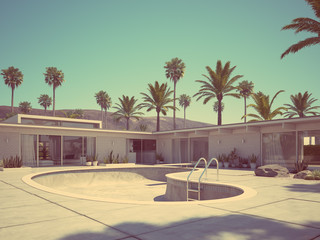 Obraz premium View of swimming pool and modern home exterior. 3d rendering