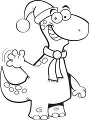 Black and white illustration of a dinosaur wearing a Santa hat and waving.