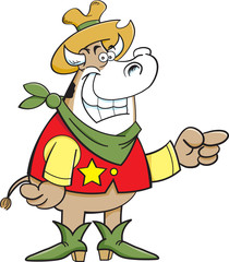 Cartoon illustration of a cow dressed as a cowboy and pointing.