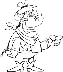 Black and white illustration of a cow dressed as a cowboy and pointing.