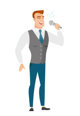 Caucasian businessman singing to the microphone.