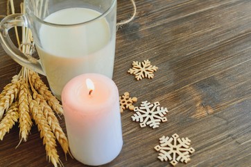 Milk and bread as healthy and simple food, traditional treat for imbolc, pagan wicca celtic holiday