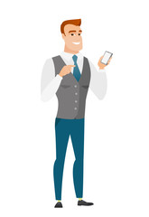 Caucasian business man holding a mobile phone.