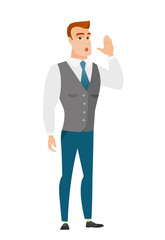 Caucasian businessman calling for help.