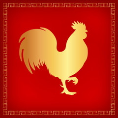 Vector illustration. Golden silhouette of a rooster standing on one leg. Red background with decorative geometric border. Square format.