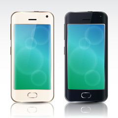 Realistic white and black smartphone illustration with sample blue background, from front view, for templates and other designs.
