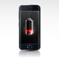 Realistic black smartphone with low battery icon, from front view.