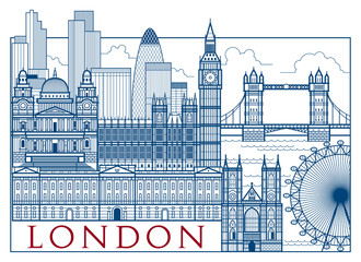 Postcard with London attractions. Handmade vector drawing