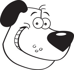 Black and white illustration of a smiling dog head.