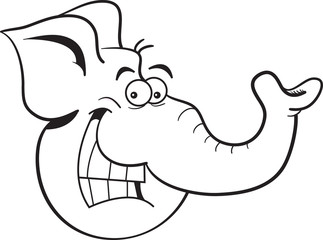 Black and white illustration of a smiling elephant head.