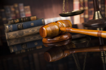 Law and justice concept, Brown wooden background, beautiful refl