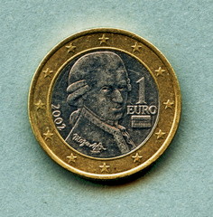 One euro coin with Mozart's portrait