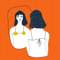 Narcissistic woman character looks in the mirror. Redhead woman 
 in lingerie looks in the mirror. Vector illustration. Narcissism concept. 