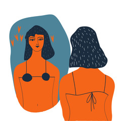 Narcissistic woman character looks in the mirror. Redhead woman
in lingerie looks in the mirror. Vector illustration. Narcissism concept.  - 134357894