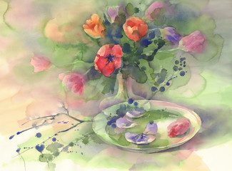 color tulips with plate watercolor