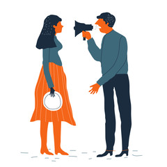 Couple man and woman characters quarrel. Vector illustration. Divorcing couple vector concept. Family conflict. Creative illustration. - 134358065