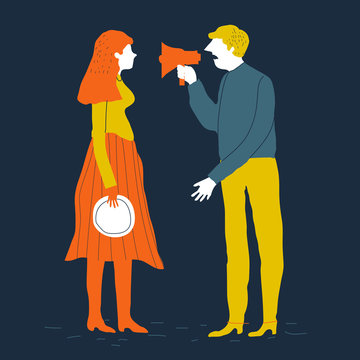 Couple man and woman characters quarrel. Vector illustration. Divorcing couple vector concept. Family conflict. Creative illustration.