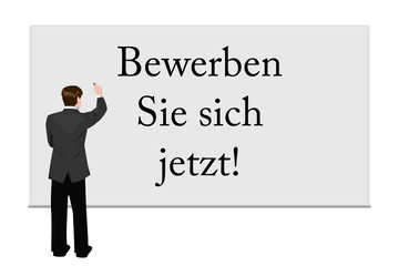 Geschäftsmann schreibt auf Tafel Bewerben Sie sich jetzt
