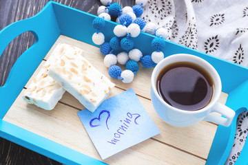 Egypt nougat and cup of coffee in tray