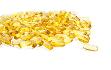 Yellow Vitamin Oil Capsules Macro Closeup Isolated